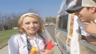 Cutie joins the ice cream man in his van for a good fucking