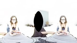 Busty nerdy cutie is jumping up and down