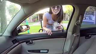 Leggy bitch with a shaved cunnie fucking a big dick man outdoors