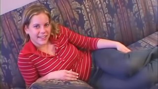 Chubby Blonde Wearing Jeans Loves Putting Things On Her Mouth