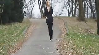 Blonde stripping and flashing her tits in public forest