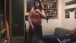 Lingerie chick strips down and sucks