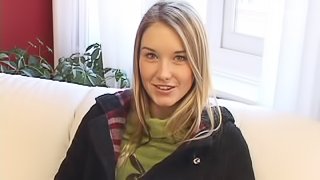 On a snowy afternoon Jewel stays in and rubs her bald pussy