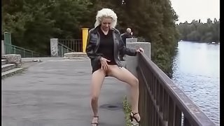 Bitches showing their cunts in public through pantyhose