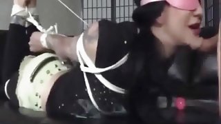 Asian whore blindfolded  gagged and used as a cum dumpster