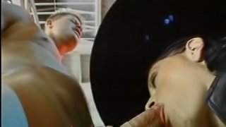 Athletic brunette in a hat gives a cock a blowjob then takes it up her asshole