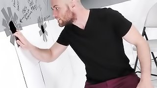 bald gay guy jacks his cock while getting pounded from behind