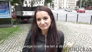 Eurobabe flashes her tits and pounded in public place