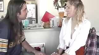Shy blonde chick gets seduced by long-haired dude and fucked hard