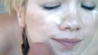 Large-tit Blond masturbates, receives bound up, BJ, Facial