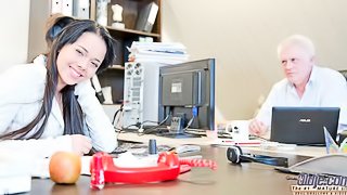 Beautiful young hottie Tricia Teen rides on a big boner of an old man