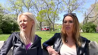 Picking up two hot blondes at the park for a gangbang