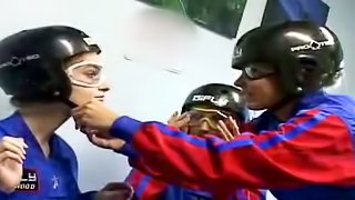 Three nasty girls use dildos while playing lesbian games indoors