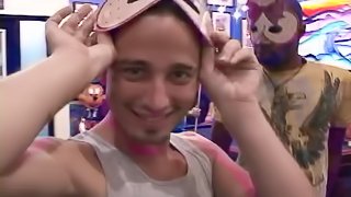 Hunky gay guy with a stunning body licking and sucking a stranger's cock
