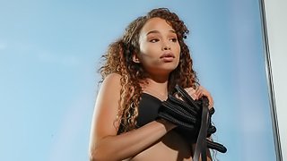 Curly-haired ebony chick Cecilia Lion rides on a big white dick