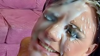 Brunette is getting a giant fake cumshot