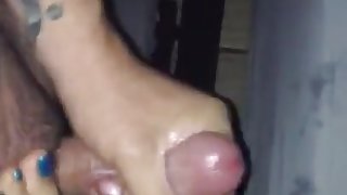 Early morning footjob. Blowing cum all over her sexy feet.