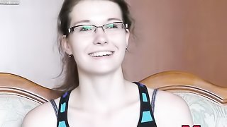 Shy amateur brunette glasses