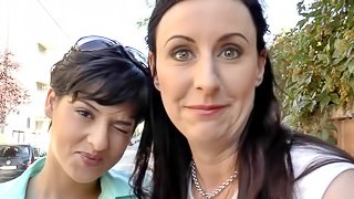Cute babe in uniform is being taught how to masturbate and suck a cock
