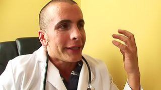 Doctor gets his patient naked and fucks her shaved pussy