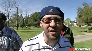 Golfers bring home a slutty girl to fuck her pierced pussy
