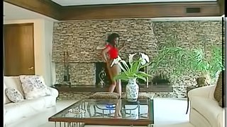 An ebony girl gets double penetrated by two muscled Black guys