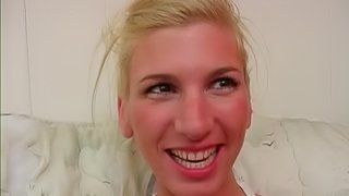 Blonde cutie swallows a schlong and takes a facial cumshot