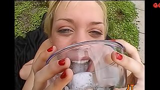 Gangbang members serve up jizz in a bowl for her to eat