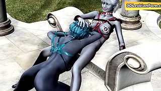 Two guardian lesbians are having sex in a temple in a moonlight
