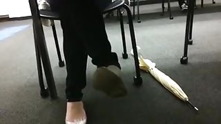 Candid  immature Shoeplay Dangling Close-Up College Library Feet