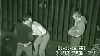 Security cam tapes a partyslut fucking 2 guys at the back of a building